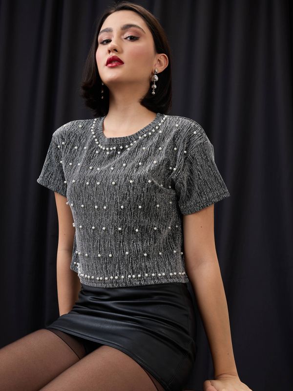 Globus Women Grey Round Neck Pearl Embellished Detail Lurex Party Crop Top