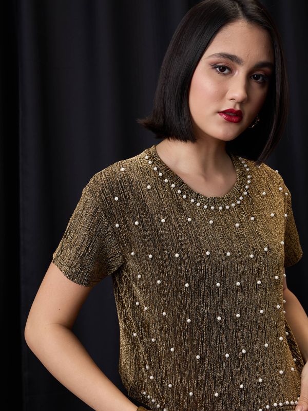 Globus Women Gold Round Neck Pearl Embellished Detail Lurex Party Crop Top