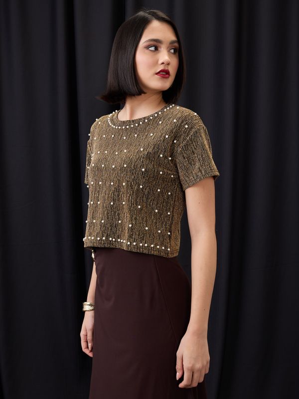 Globus Women Gold Round Neck Pearl Embellished Detail Lurex Party Crop Top
