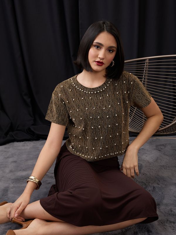 Globus Women Gold Round Neck Pearl Embellished Detail Lurex Party Crop Top