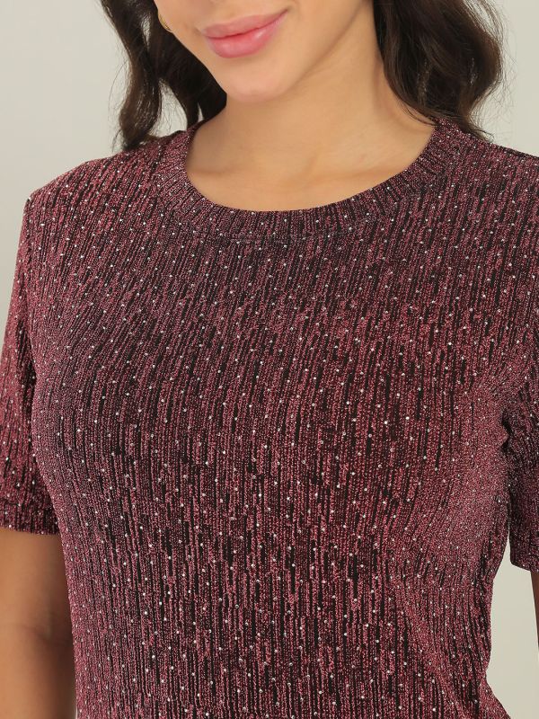 Globus Women Pink Self Design Round Neck Short Sleeves Embellished Detail Bling & Sparkly Party Top