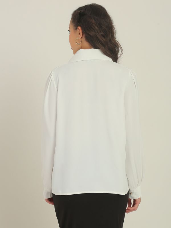 Globus Women White Collared Neck & Pearl & Embellished Detail Cuffed Sleeves Party Shirt Style Top