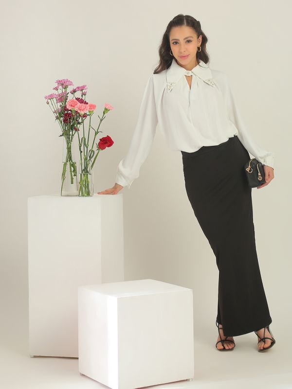 Globus Women White Collared Neck & Pearl & Embellished Detail Cuffed Sleeves Party Shirt Style Top