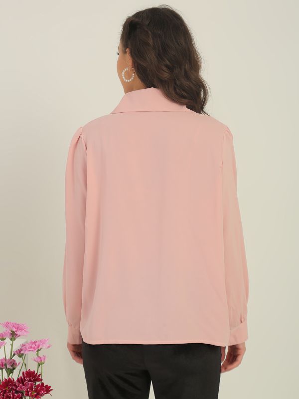 Globus Women Pink Collared Neck & Pearl & Embellished Detail Cuffed Sleeves Party Shirt Style Top