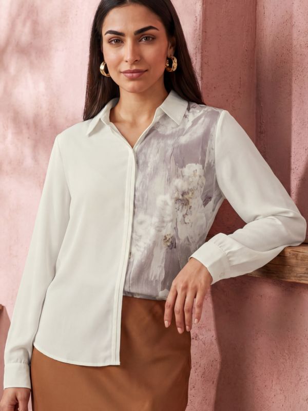 Globus Women White Colour Block Collared Neck Cuffed Sleeves Party Shirt Style Top