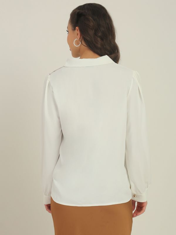 Globus Women White Colour Block Collared Neck Cuffed Sleeves Party Shirt Style Top