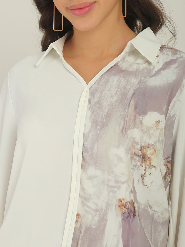 Globus Women White Colour Block Collared Neck Cuffed Sleeves Party Shirt Style Top