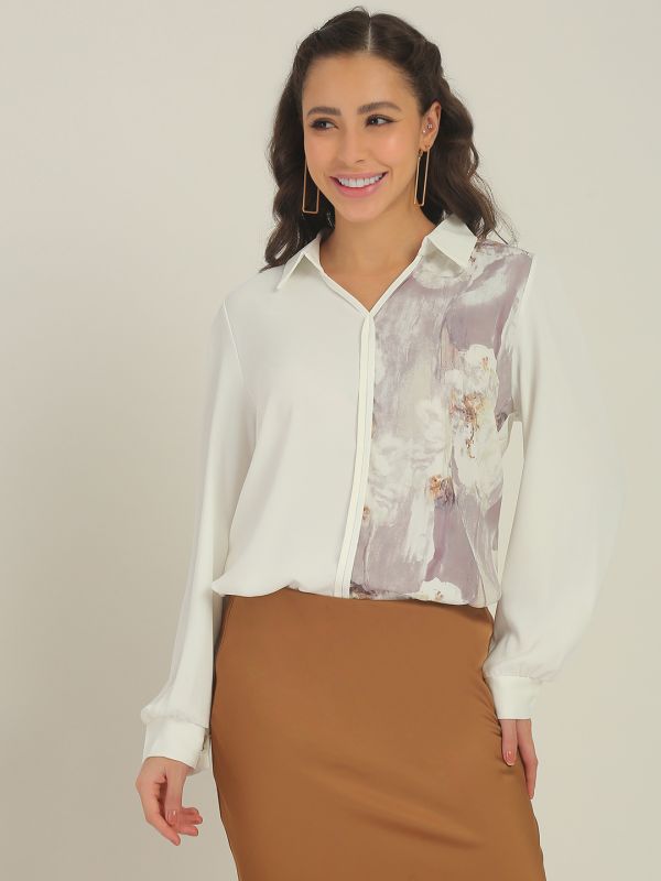 Globus Women White Colour Block Collared Neck Cuffed Sleeves Party Shirt Style Top