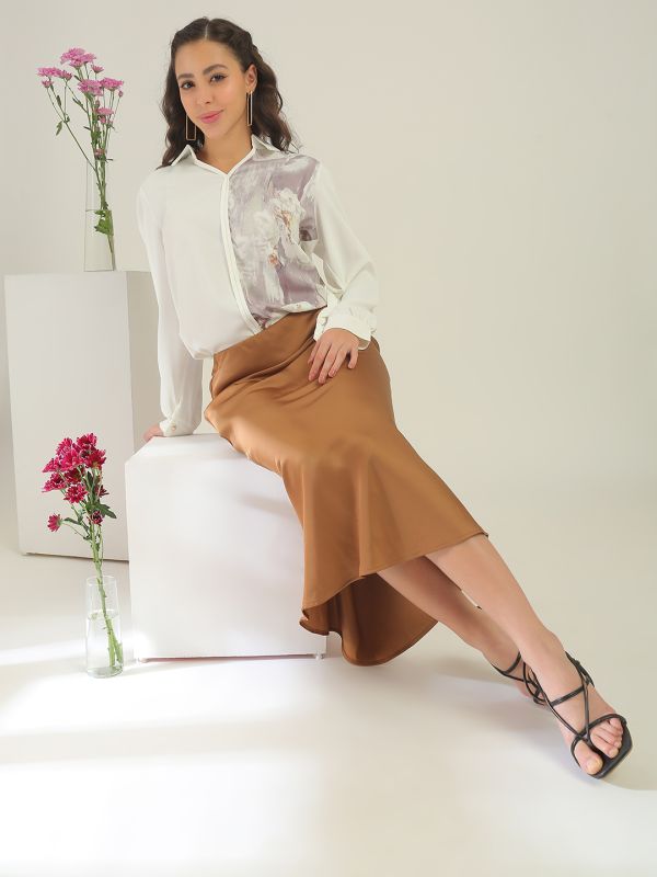 Globus Women White Colour Block Collared Neck Cuffed Sleeves Party Shirt Style Top
