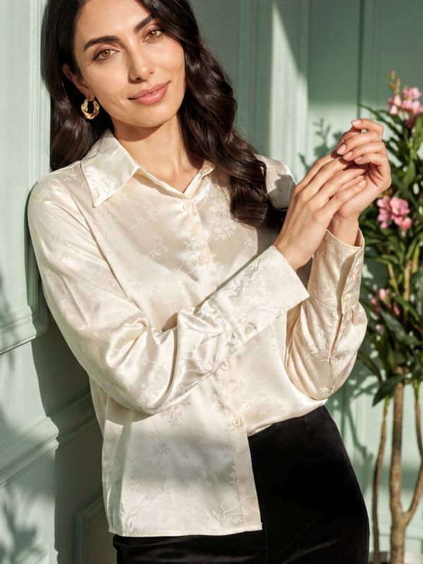 Globus Women Beige Floral Self Design Collared Neck Cuffed Sleeves Party Shirt