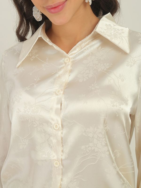 Globus Women Beige Floral Self Design Collared Neck Cuffed Sleeves Party Shirt