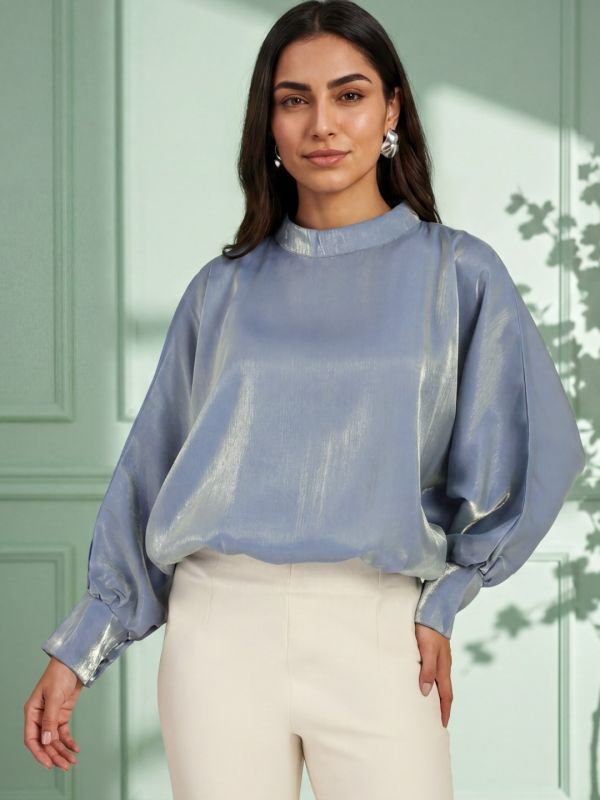 Globus Women Blue High Neck Batwing Cuffed Sleeves Shimmer Party Top