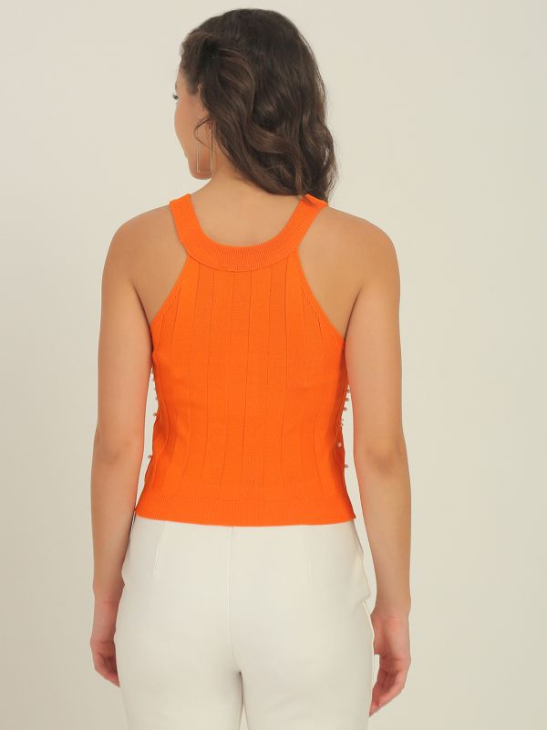 Globus Women Orange Halter Neck Pearl Embellished Detail Party Top