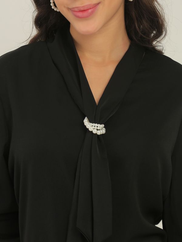 Globus Women Black Cuffed Sleeves Tie-Up Neck Pearl Detail Workwear Top
