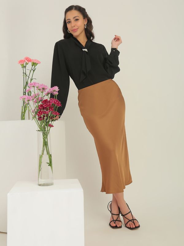 Globus Women Black Cuffed Sleeves Tie-Up Neck Pearl Detail Workwear Top