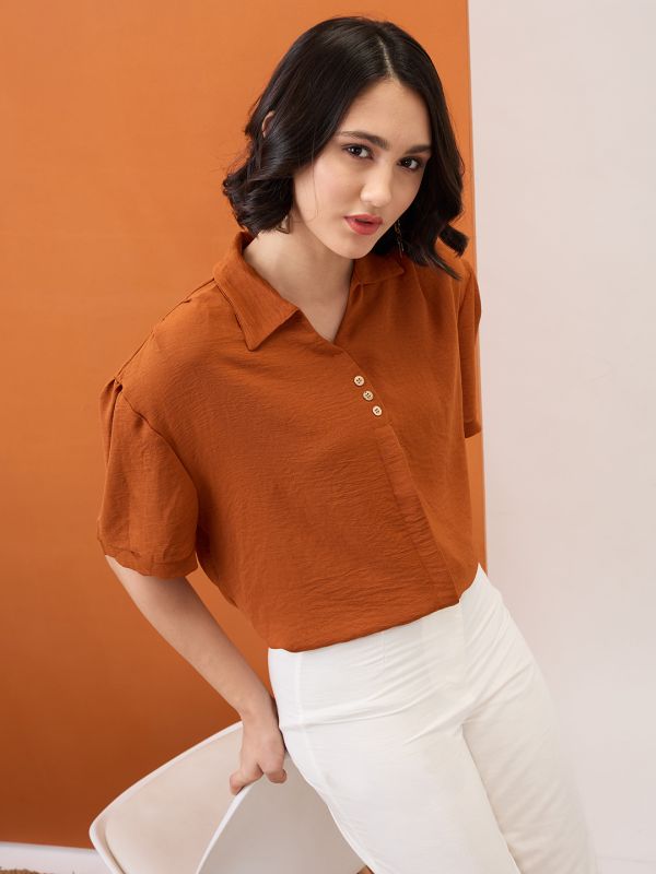 Globus Women Brown Collared Neck Drop-Shoulder Sleeves Shirt Style Workwear Top