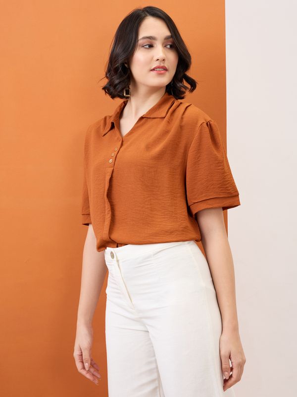Globus Women Brown Collared Neck Drop-Shoulder Sleeves Shirt Style Workwear Top