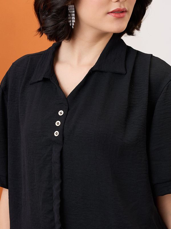 Globus Women Black Collared Neck Drop-Shoulder Sleeves Shirt Style Workwear Top