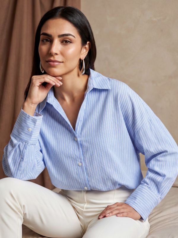 Globus Women Blue Striped Collared Neck Cuffed Sleeves Curved Hem Workwear Shirt