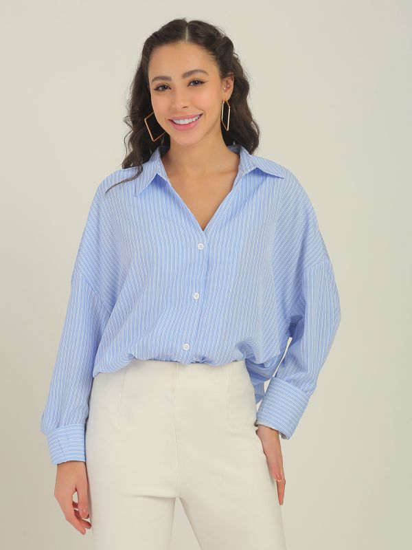 Globus Women Blue Striped Collared Neck Cuffed Sleeves Curved Hem Workwear Shirt
