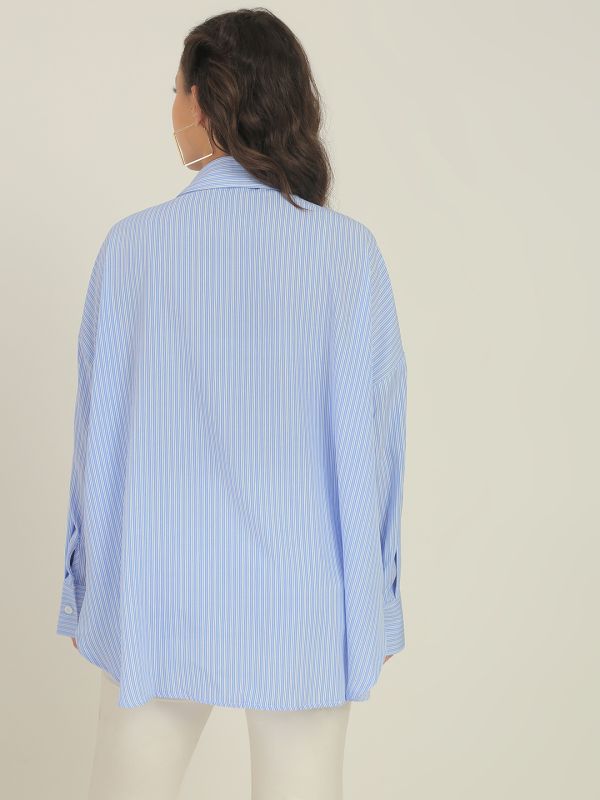 Globus Women Blue Striped Collared Neck Cuffed Sleeves Curved Hem Workwear Shirt