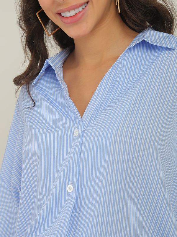 Globus Women Blue Striped Collared Neck Cuffed Sleeves Curved Hem Workwear Shirt