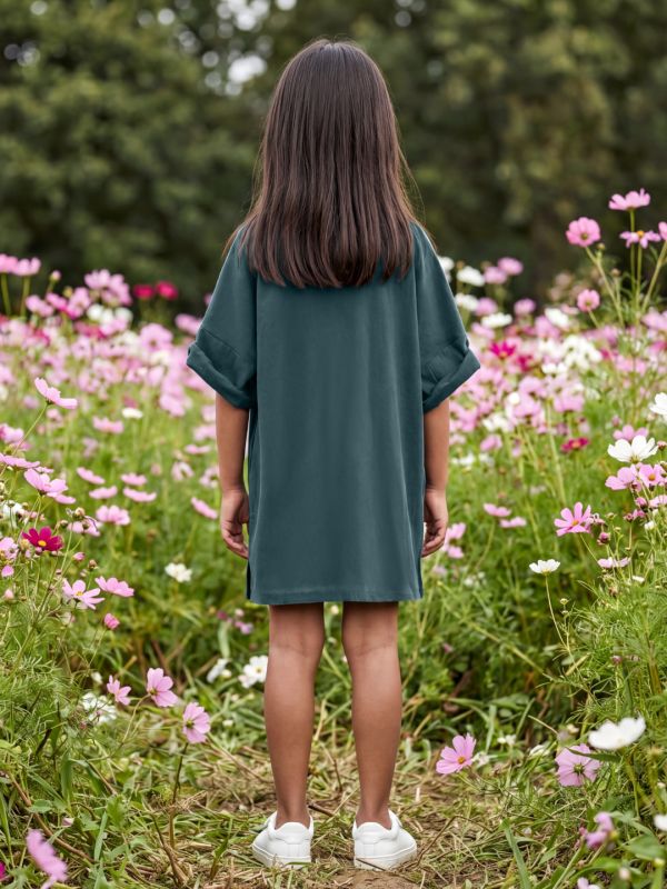 Globus Girls Green Collared Neck Short Sleeves A-Line Straight Hem Mini Dress