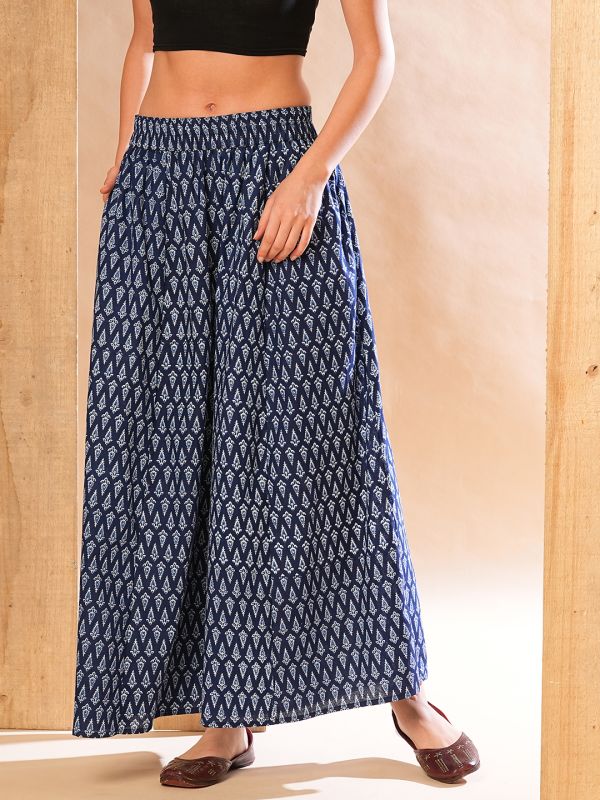 Globus Women Indigo Allover Ethnic Printed Elasticated Waistband Flared Panelled Palazzos
