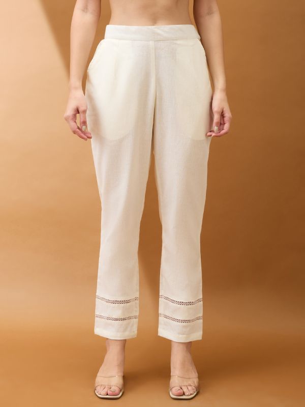 Globus Women Off White Self Design Lace Detail Mid Rise Parallel Pant