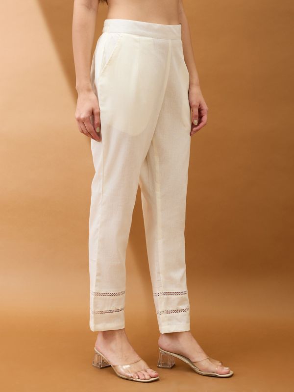 Globus Women Off White Self Design Lace Detail Mid Rise Parallel Pant