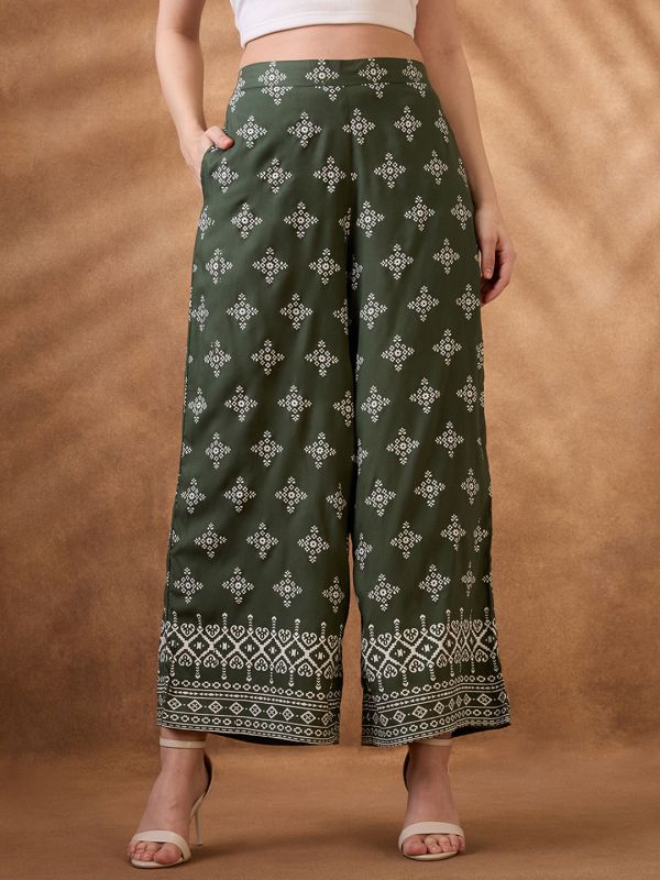 Globus Women Green Ethnic Print Mid Rise Wide Leg Fusion Pant