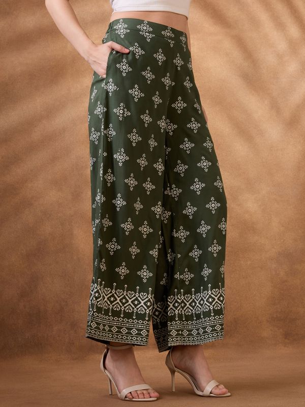 Globus Women Green Ethnic Print Mid Rise Wide Leg Fusion Pant