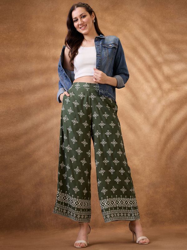 Globus Women Green Ethnic Print Mid Rise Wide Leg Fusion Pant
