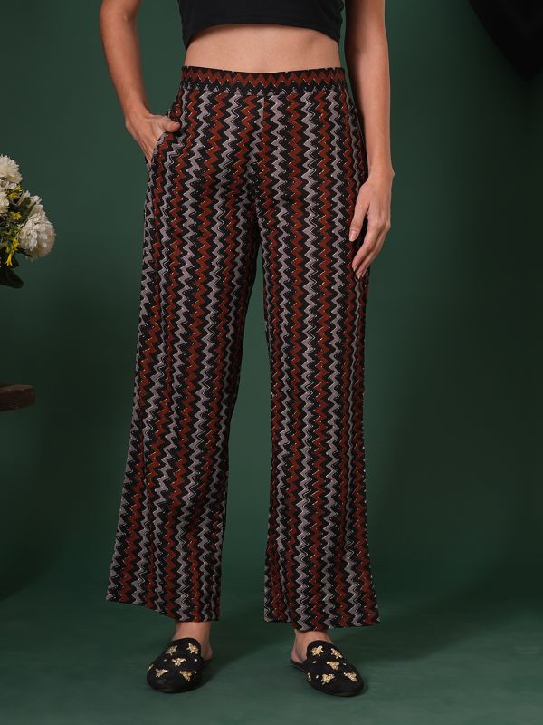 Globus Women Black Cotton Chevron Print Mid-Rise Ethnic Parallel Trousers