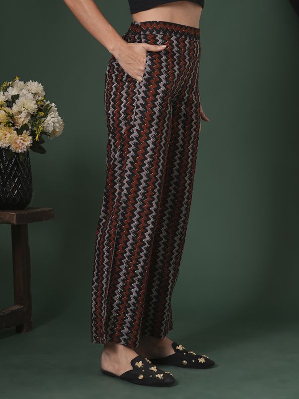Globus Women Black Cotton Chevron Print Mid-Rise Ethnic Parallel Trousers