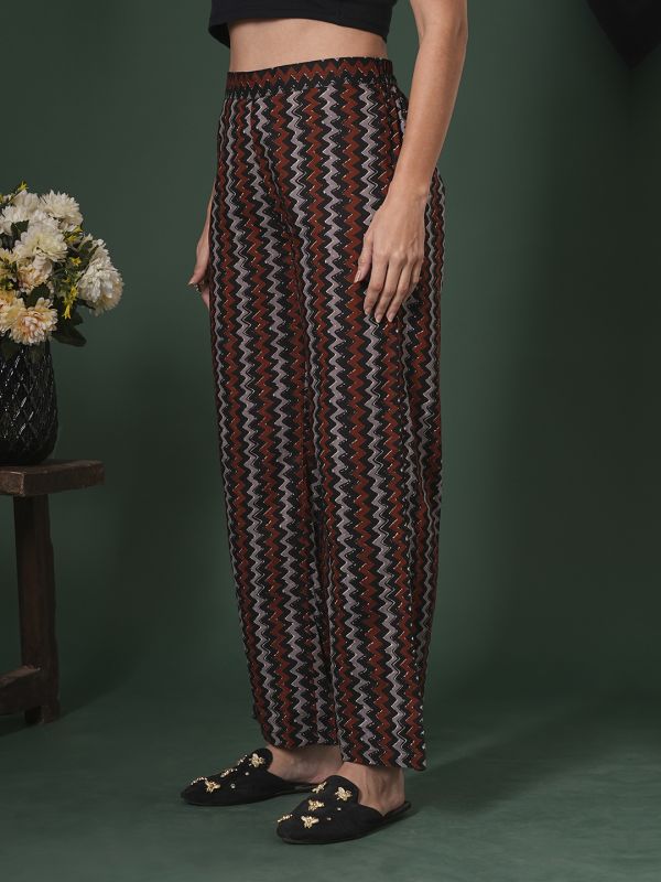 Globus Women Black Cotton Chevron Print Mid-Rise Ethnic Parallel Trousers