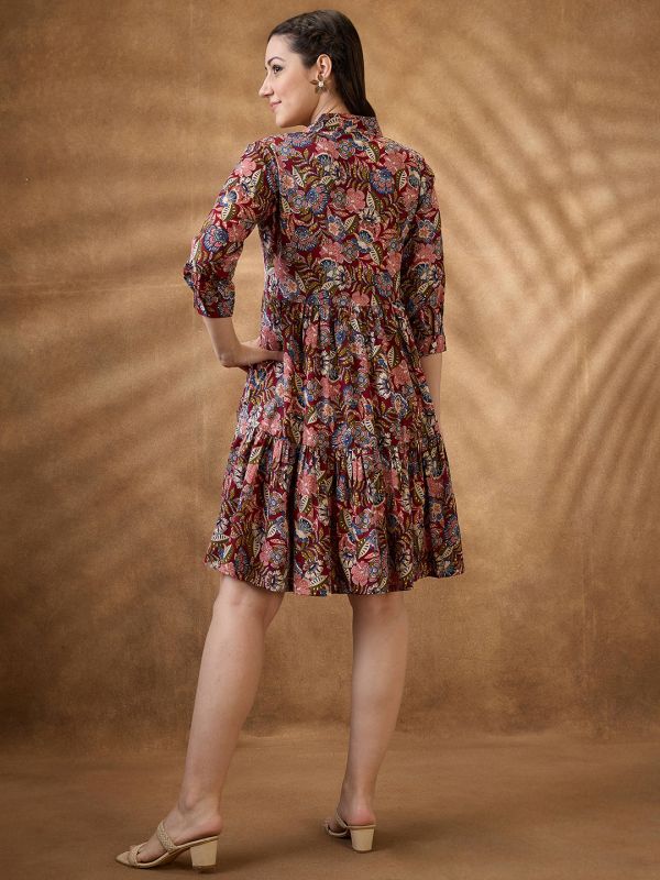 Globus Women Multi Color Floral Print V-Neck Tiered A-Line Mini Fusion Dress