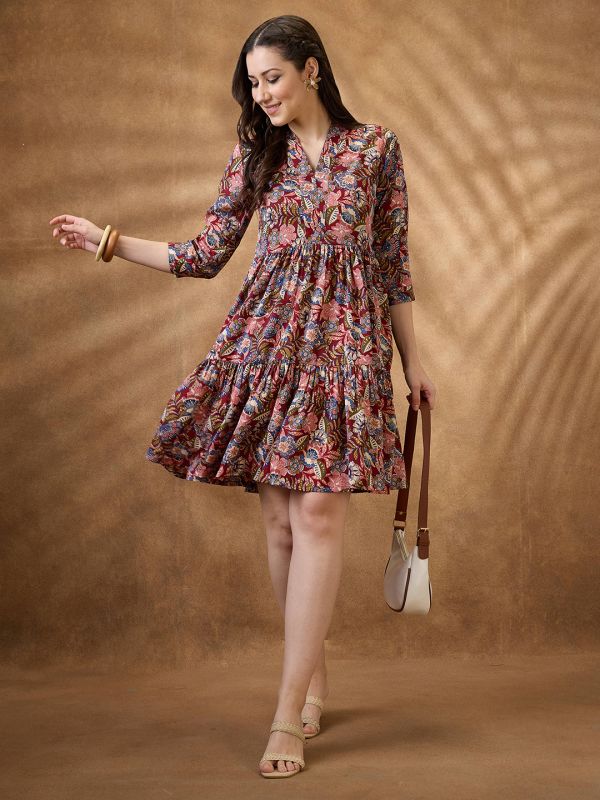 Globus Women Multi Color Floral Print V-Neck Tiered A-Line Mini Fusion Dress