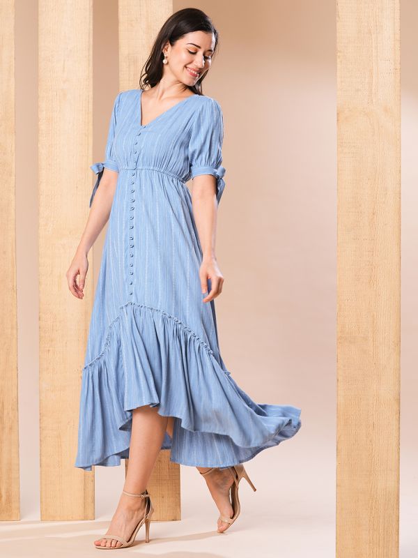 Globus Women Blue V-Neck Puff sleeves High-Low Flared Hem A-Line Dress
