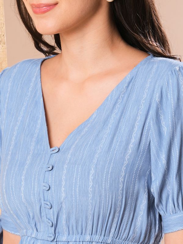 Globus Women Blue V-Neck Puff sleeves High-Low Flared Hem A-Line Dress