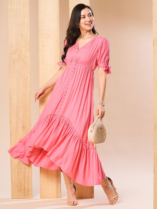 Globus Women Pink V-Neck Puff sleeves High-Low Flared Hem A-Line Dress