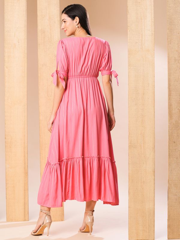 Globus Women Pink V-Neck Puff sleeves High-Low Flared Hem A-Line Dress