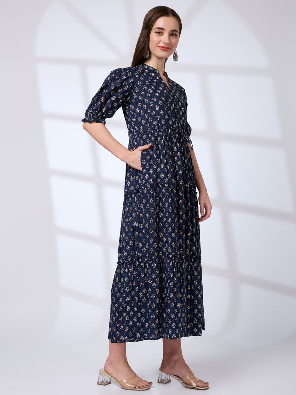 Globus Women Blue Mandarin Collar Puff Sleeves Waist Tie-Ups Tiered A-Line Work Wear Midi Dress