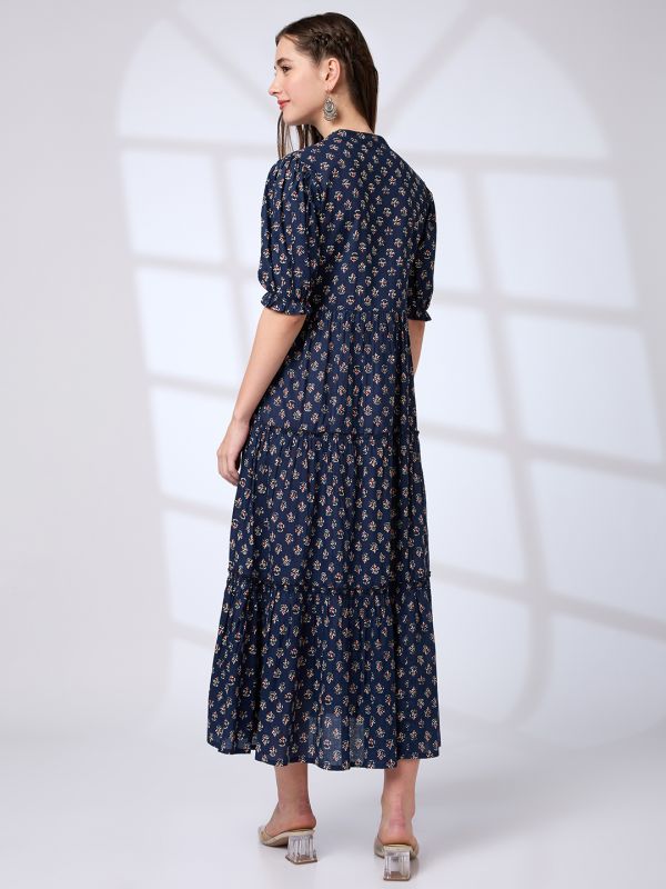 Globus Women Blue Mandarin Collar Puff Sleeves Waist Tie-Ups Tiered A-Line Work Wear Midi Dress