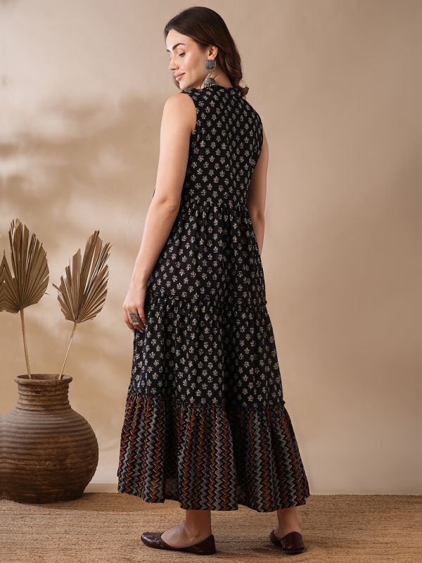 Globus Women Black Floral Block Print Mandarin Collar Tiered Fit & Flare Fusion Maxi Dress