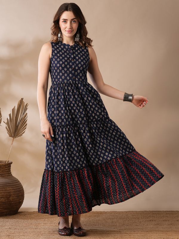 Globus Women Blue Floral Block Print Mandarin Collar Tiered Fit & Flare Fusion Maxi Dress