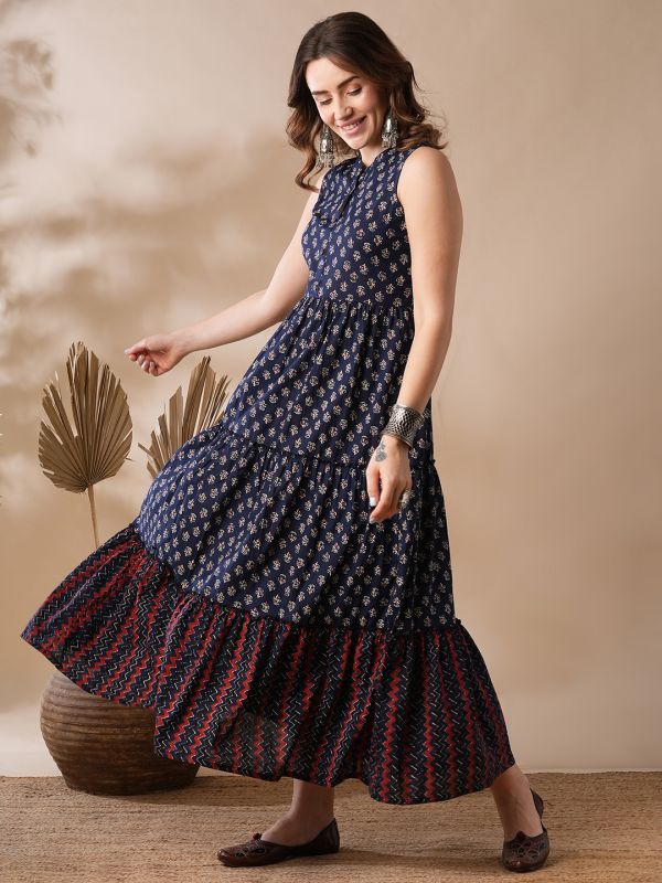 Globus Women Blue Floral Block Print Mandarin Collar Tiered Fit & Flare Fusion Maxi Dress