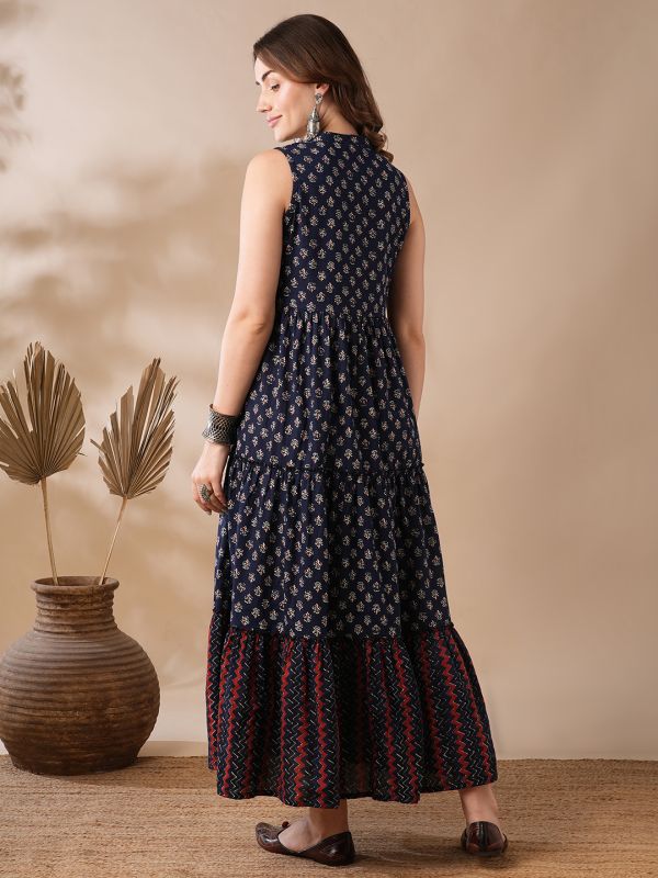 Globus Women Blue Floral Block Print Mandarin Collar Tiered Fit & Flare Fusion Maxi Dress