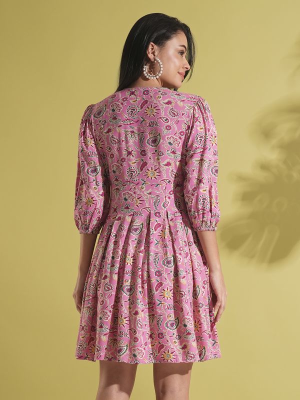 Globus Women Pink V-Neck Puff Sleeves Paisley Print Lace Insert Pleated A-Line Fusion Dress