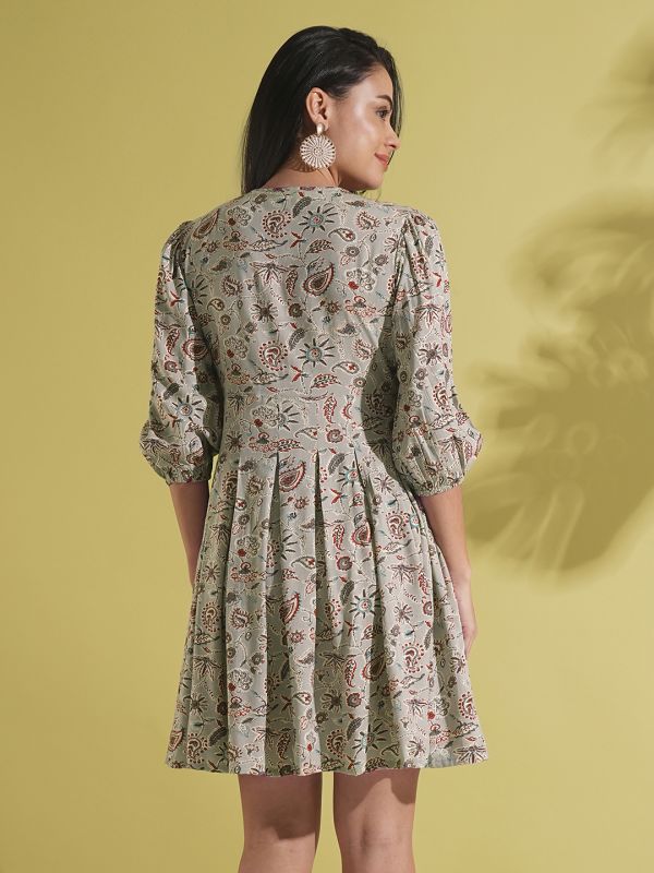 Globus Women Grey V-Neck Puff Sleeves Paisley Print Lace Insert Pleated A-Line Fusion Dress